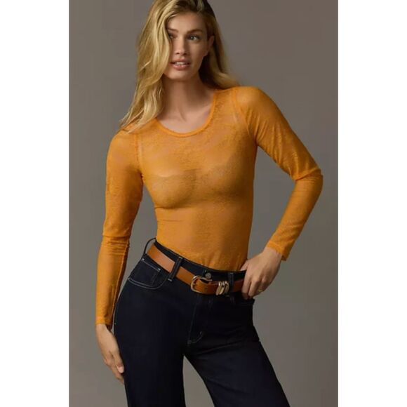 BY ANTHROPOLOGIE Sheer Lace Long-sleeve Bodysuit In Orange One-piece Medium - Picture 1 of 14